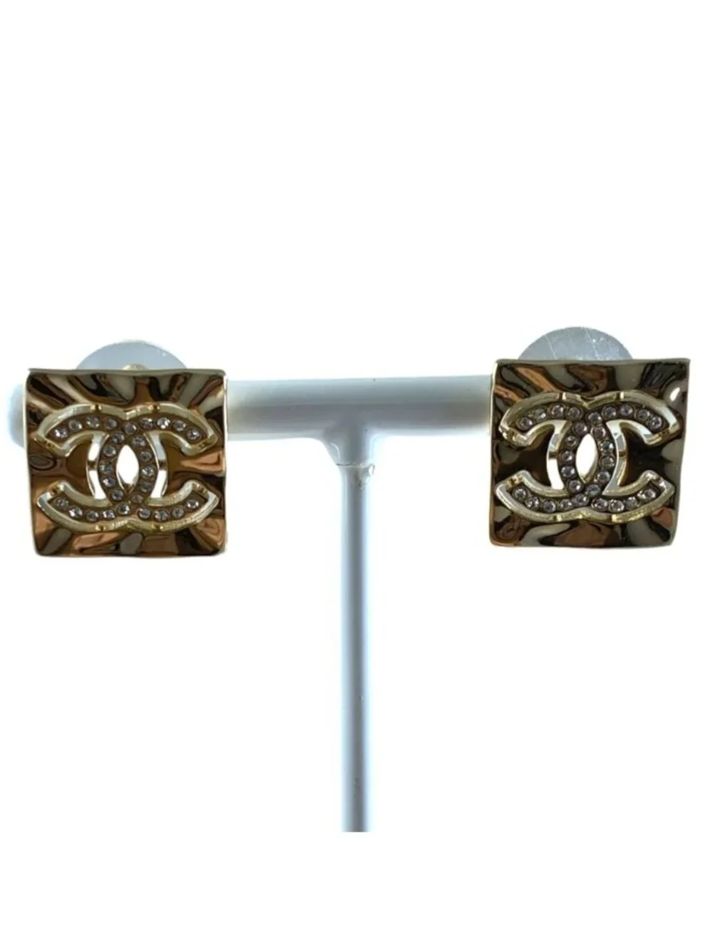 Chanel Earrings CC Logo Square Rhinestone Champagne Gold